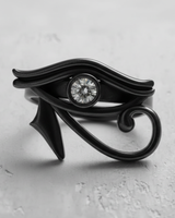 Black rhodium Eye of Horus ring with a central bezel-set gemstone, shown on a light grey textured background.