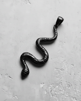 Black rhodium plated sterling silver snake pendant featuring modern hexagonal scales on textured background