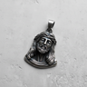 Front view of oxidized 925 sterling silver Jesus face pendant showing intricate facial features and shadows