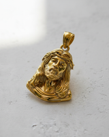 14K gold vermeil Jesus head pendant featuring detailed crown of thorns and textured beard on white background