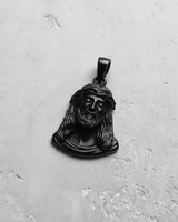 Men's black rhodium-plated Jesus pendant, close-up shot showcasing the matte finish and intricate facial and hair details.