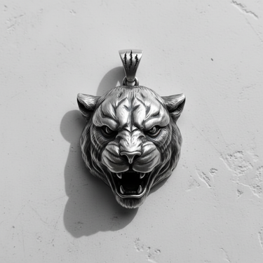 Front view of handcrafted 925 sterling silver tiger head pendant showing sharp teeth and claw mark bail detail