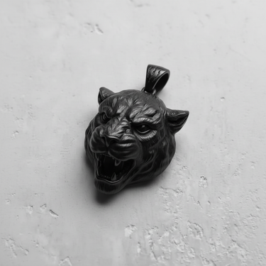 Black rhodium plated silver tiger pendant with a snarling expression, showcasing the dark, matte finish from a side angle.