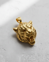 14K gold vermeil silver tiger head pendant with roaring expression and detailed fur texture on white background