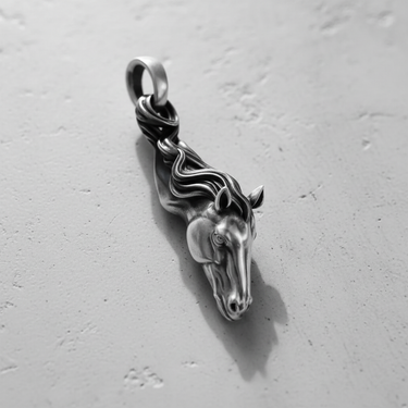 Polished 925 sterling silver horse pendant showcasing the detailed craftsmanship and sculptural quality of the horse's head.