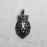 Front view of the 925 sterling silver lion pendant, highlighting the symmetrical design of the crowned head and prominent mane.