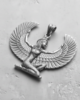 925 sterling silver Egyptian Goddess pendant featuring a kneeling figure with outstretched feathered wings on a textured background