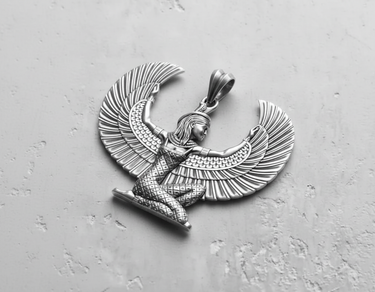 925 sterling silver Egyptian Goddess pendant featuring a kneeling figure with outstretched feathered wings on a textured background