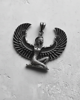 Top-down view of the Egyptian Isis Pendant in sterling silver, highlighting the symmetrical design and craftsmanship of the wings.