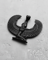 Black rhodium plated 925 sterling silver Isis goddess pendant with kneeling winged figure on texture background
