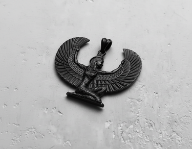 Black rhodium plated 925 sterling silver Isis goddess pendant with kneeling winged figure on texture background