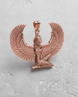 Rose gold plated silver Isis Goddess pendant featuring kneeling deity with outstretched wings on textured background