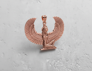 Rose gold plated silver Isis Goddess pendant featuring kneeling deity with outstretched wings on textured background