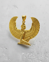 Gold vermeil finish on the silver Egyptian goddess pendant, showcasing the lustrous texture and detailed wing design.