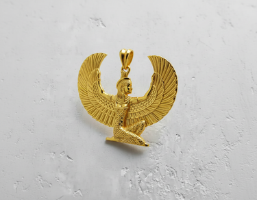 Gold vermeil finish on the silver Egyptian goddess pendant, showcasing the lustrous texture and detailed wing design.
