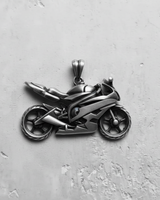 Detailed 925 sterling silver motorcycle pendant showing engine and fairing details