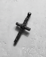 Oxidized 925 sterling silver cross pendant featuring rope wrap detail and rough timber design