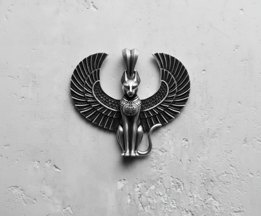 925 sterling silver winged Bastet pendant featuring oxidized finish and intricate Egyptian mythology design