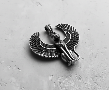 Angled side view of the handcrafted 925 sterling silver Egyptian Cat Pendant, highlighting the oxidized finish and 3D relief.