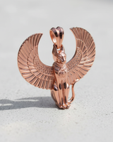 Rose gold plated silver Bastet pendant with outstretched wings and detailed Egyptian headdress