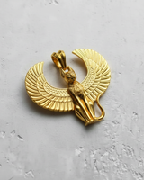 Front view of winged Bastet pendant with detailed feathering and seated cat figure in gold vermeil finish