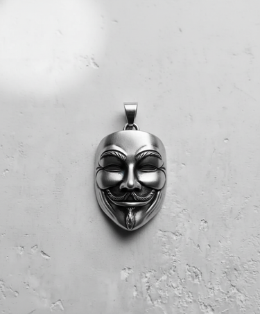 Silver Guy Fawkes pendant with a high-polish finish, shown front-on against a textured white background.
