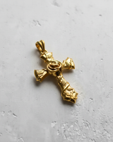 Gold-plated version of the rose cross pendant, displaying the warm polished finish and intricate floral vine design.