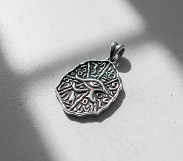 Silver Eye of Horus Pendant shown at an angle on a white surface, with dramatic lighting highlighting the oxidized finish.