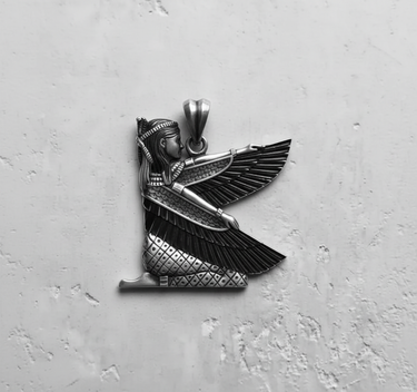 Oxidized sterling silver Isis pendant in a profile view, highlighting the intricate feather and clothing details of the Egyptian goddess.