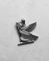 Close-up of the handcrafted Egyptian Isis pendant in sterling silver, focusing on the headdress and facial details of the goddess.