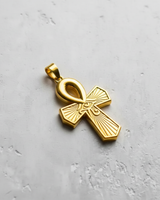 Gold-plated Egyptian Ankh Pendant highlighting the polished finish and modern, beveled cross arms. Angled view on a neutral background.