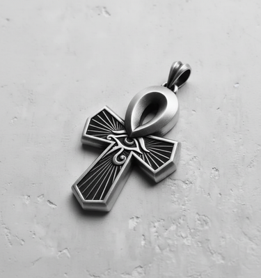Silver Egyptian Ankh Pendant with an oxidized finish, showing the detailed Eye of Horus and radiating lines on a light gray surface.