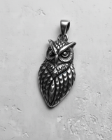 Oxidized 925 Silver Owl Pendant showcasing intricate feather details and a stern expression on a light background.