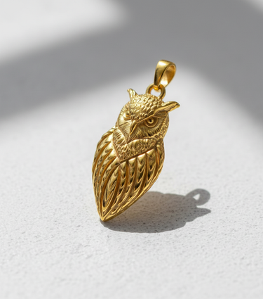 14K gold vermeil Silver Owl Pendant with detailed feathers and sculpted eyes, shown on a white textured surface.