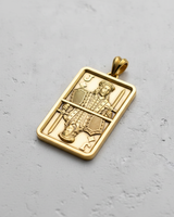 Angled view of the gold-plated Silver Jack Pendant, highlighting the raised relief of the card figure and its frame.