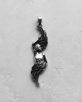 Front view of a 925 sterling silver angel wing pendant, showcasing the high-polish finish and stylized S-curve design.