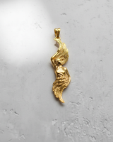 A gold-plated version of the angel wing pendant, highlighting the flowing, sculptural design and polished metallic finish.
