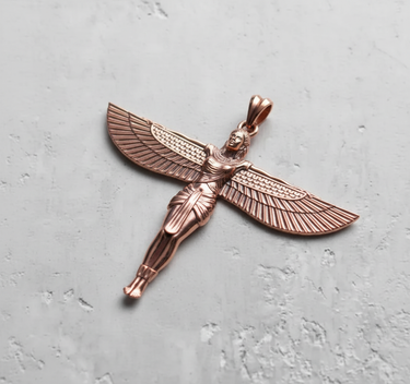 Rose gold plated Winged Goddess Pendant featuring the Egyptian deity Isis, displayed on a textured light grey background.