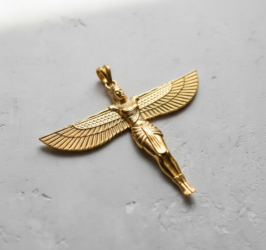 Gold-plated Egyptian Winged Goddess Pendant shown at an angle to highlight its polished finish and intricate details.