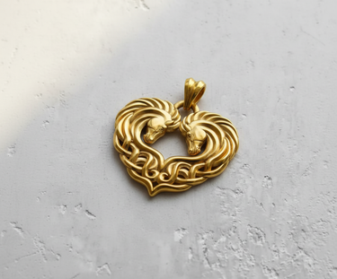 Gold plated version of the Silver Celtic Horse Pendant, showcasing the polished finish and design on a light gray background.