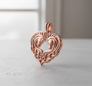 Rose gold Celtic horse heart pendant standing upright, displaying its polished finish and intertwined horse mane design.
