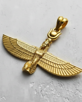 Gold-plated Egyptian Isis pendant showcasing the sun disk and crescent moon headdress and polished feather details.