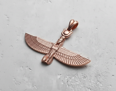 Rose gold-plated winged goddess Isis pendant, angled view highlighting the intricate craftsmanship and elegant bail.
