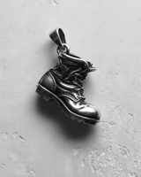 Oxidized 925 sterling silver combat boot pendant side profile with realistic stitching and dark finish