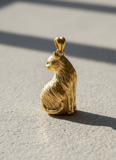 14K gold vermeil sitting cat pendant with detailed fur texture and elegant posture