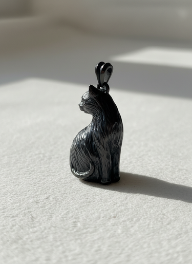 Black oxidized finish version of the handcrafted silver cat pendant, sitting on a clean white surface with natural light.
