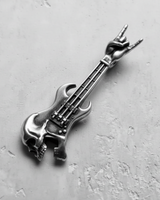 Polished 925 sterling silver rock guitar pendant with a 'rock on' hand gesture headstock, shown top-down.