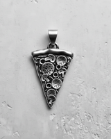Top-down view of the Silver Pizza Pendant in oxidized 925 sterling silver, showcasing the intricate pepperoni and mushroom details.