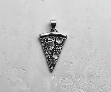 Top-down view of the 925 sterling Silver Pizza Pendant showing the oxidized finish and intricate topping details.