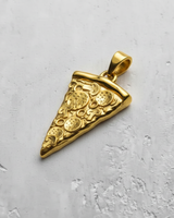 14K Gold Vermeil Silver Pizza Pendant with detailed pepperoni and mushrooms shown on a textured white surface.